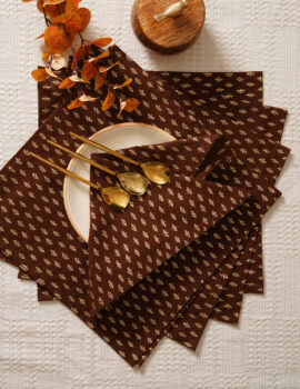 Brown With Gold Print Leaf Cotton 12X12 Inch Set of 6 Napkin