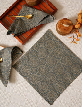 Dark Grey With Gold Print Leaf Cotton 12X12 Inch Set of 6 Napkin