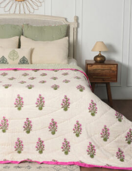 Queen Floral Pink Green Light weight Cotton quilt