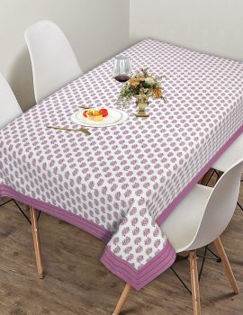 White and pink printed cotton table cover