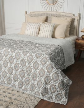 Grey block printed cotton quilt- queen