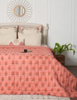 Pink block printed cotton quilt- queen