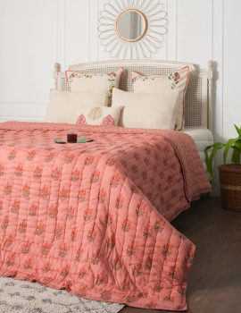 Pink block printed cotton quilt- queen