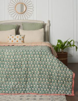 Green block printed cotton quilt- single