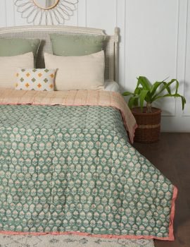 Green block printed cotton quilt- single